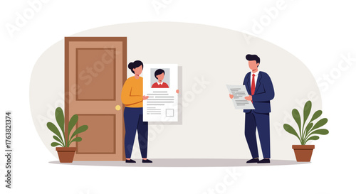 Job interview concept with candidates discussing resumes in a professional setting