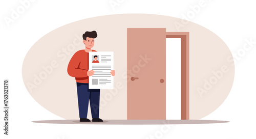 Job interview preparation: confident candidate holding resume near office door