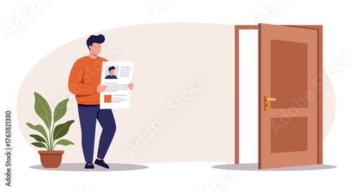 Job interview preparation concept: candidate with resume near open doorway