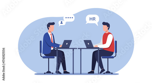 Flat design hr interview scene with two professionals working on laptops