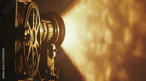 A vintage film projector casting a warm beam of light in a dark room, creating an atmospheric backdrop suitable for movie lovers.