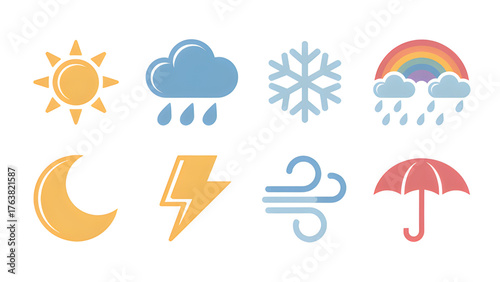Weather icons representing sun cloud rain snowflake rainbow moon lightning wind and umbrella in flat