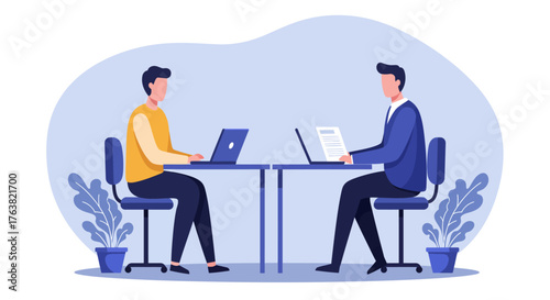 Office meeting scene with two colleagues at desk in modern workspace