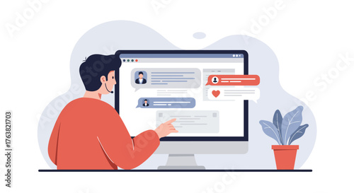 Customer service representative engaging in online chat from home