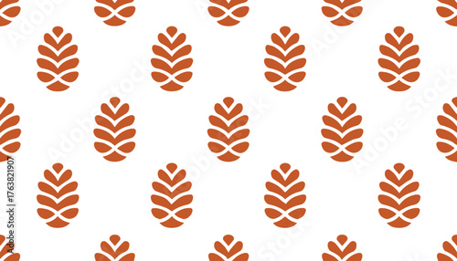 Pinecone Repeat Pattern in Brown on White Background, Nature Inspired Design