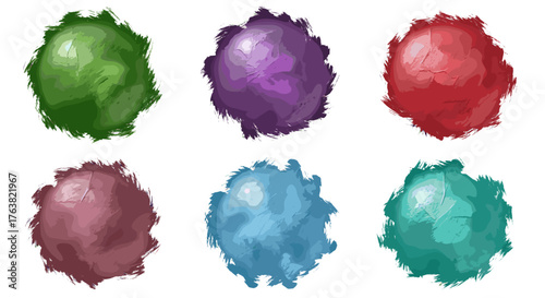 Vector  six colorful ovoid shapes with textured edges arranged in two rows on a light canvas surface