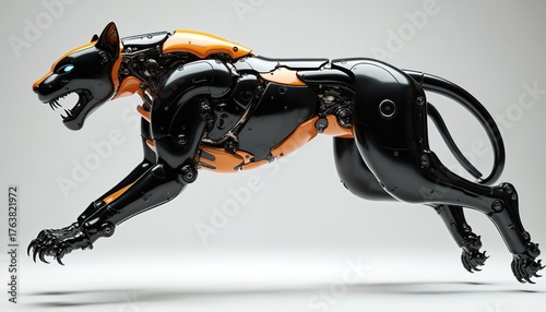 Futuristic robotic panther runs with glowing eyes. This cybernetic big cat blends black and orange mechanical parts. It shows immense strength and speed in this sci-fi animal concept.