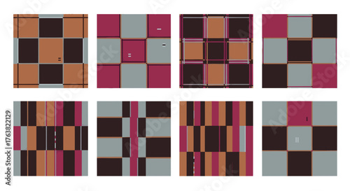 Vector  eight rectangular abstract patterns with brown gray and pink hues arranged in a grid format