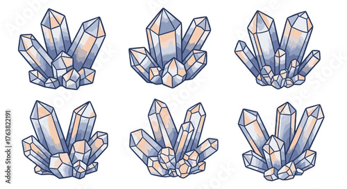 Vector  six illustrations of clusters of crystals with shades of blue and peach color variations