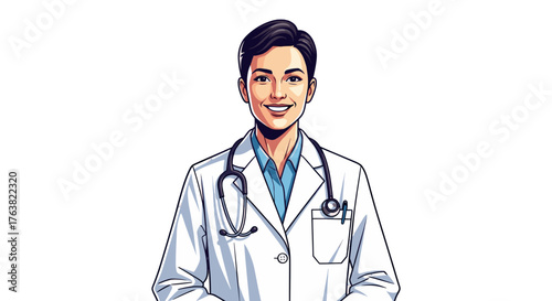 Vector  a smiling woman wearing a lab coat and stethoscope around her neck, looking at the viewer directly