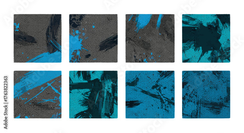 Vector  eight rectangular abstract paintings with varying shades of blue and gray brushstrokes artfully done