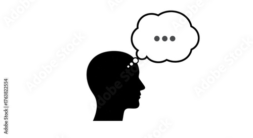 Vector  silhouette of head with thought bubble containing ellipsis representing thinking process