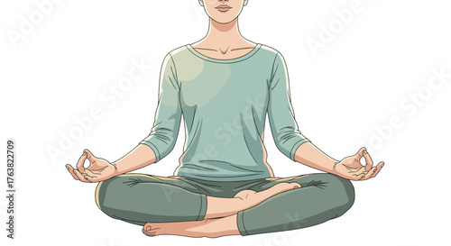 Vector  illustration of a woman in a seated yoga pose with hands in mudra and wearing long sleeves