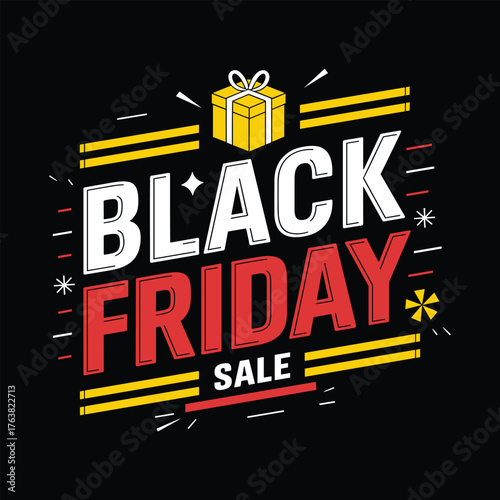 Black Friday Sale Banner with Gift Box Icon and Yellow Highlights – Modern Shopping Promotion Design