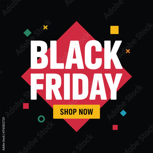 Black Friday Sale Banner with Red Diamond Shape and Modern Geometric Elements – Shop Now Promotion