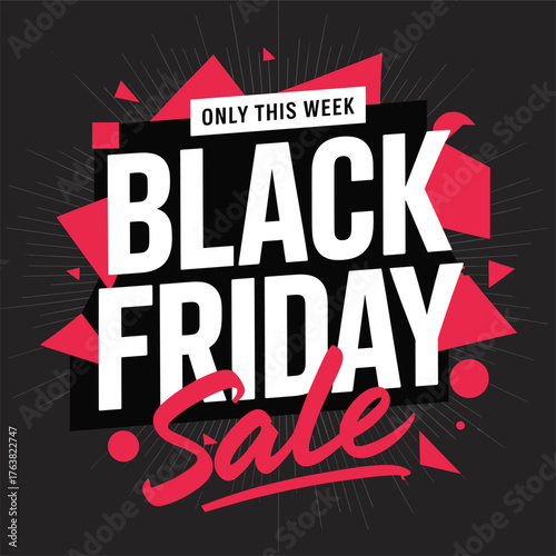 Black Friday Sale Banner with Bold Typography and Pink Abstract Shapes – Only This Week Promotion Design