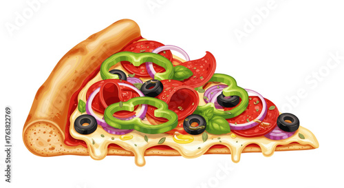 Vector  a colorful pizza slice with pepperoni, olives, peppers, and onions on a delicious crust slice