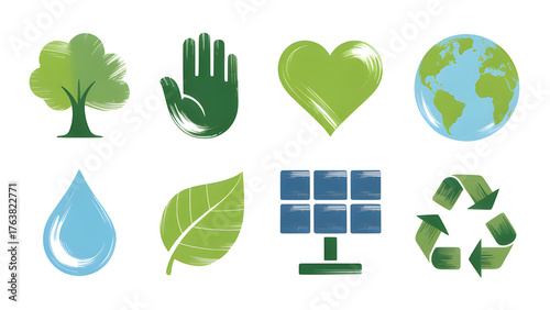 Embracing Earth Watercolor Icons of Environmental Stewardship and Renewable Energy for Sustainable