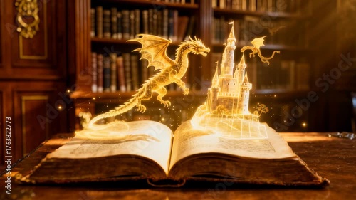 Cinematic Old Book Opens, Revealing a Magical Golden Dragon Castle.