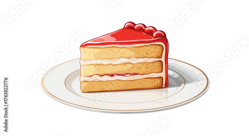 Vector  a slice of layered cake with red topping on a plate, showcasing its delicious layers and design