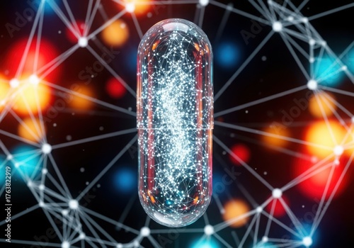 Futuristic capsule with glowing data network background