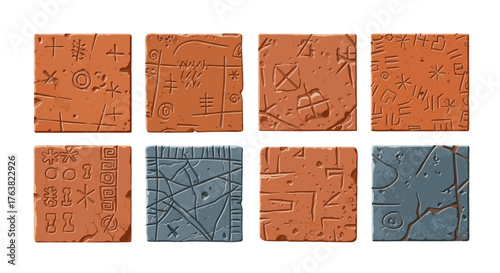 Vector  illustration of eight rectangular tablets with etched symbols and varying textures and colors