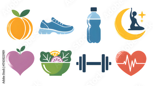 Embracing wellness Icons symbolizing healthy lifestyle choices fitness and mindful practices on a