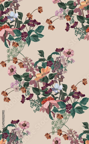 Flowers and leaves in vintage style, seamless pattern.	
