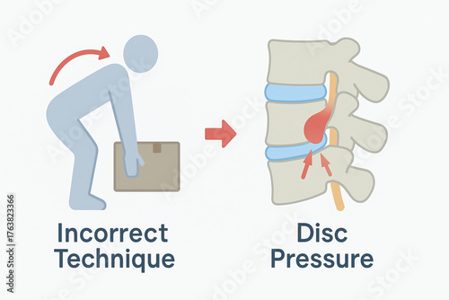 Herniated disc health awareness concept infographic showing improper lifting causing spinal disc pressure and pain