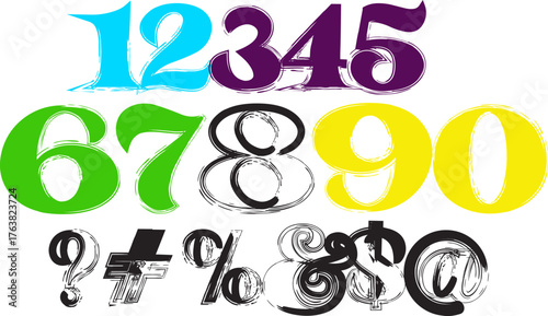 Colorful textured numbers and symbols font design for various purposes