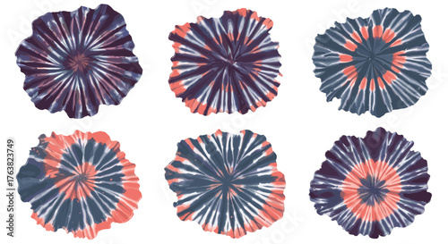 Vector  a collection of six tie dye patterns with radial designs in shades of blue and orange hue