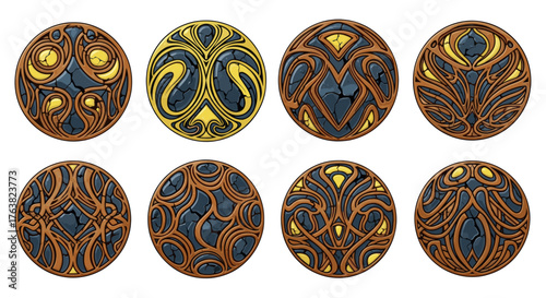 Vector  collection of eight oval shaped decorative stones with intricate designs and gold accents