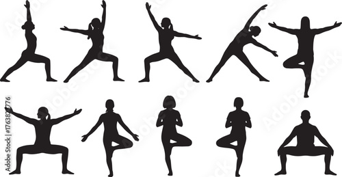 Black Solid Standing Yoga Poses Silhouette Set of Six