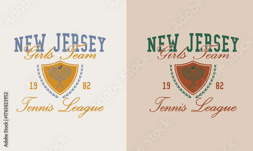 Tennis league, Girls' team, New Jersey, 1982, retro slogan, varsity print for perfect tee shirt, sweatshirt, and others