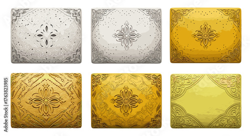 Vector  assortment of ornate rectangular designs in silver and gold tones with floral patterns