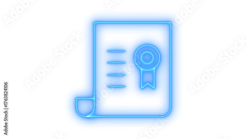 Glowing neon certificate or diploma icon isolated on transparent background. Official record. Academic achievement. Professional license. Course completion.