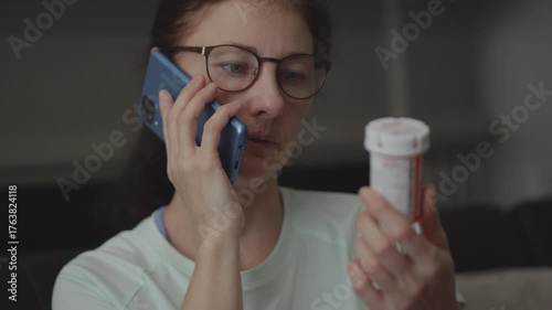 Woman Calling in Her Prescription to Pharmacy. Ordering Medication Online From an Online Pharmacy. Person Reading Instruction How to Take Drugs. Medical Insurance Medicare. Telehealth  Pharmaceutical.