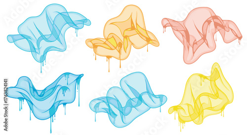 Vector  assortment of translucent colorful draped fabric with dripping paint effect illustration