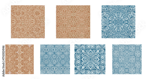 Vector  seven rectangular patterns displaying intricate designs in varying shades of brown and blue hues