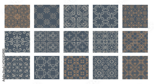 Vector  collection of fifteen rectangular patterned designs with intricate floral and geometric motifs