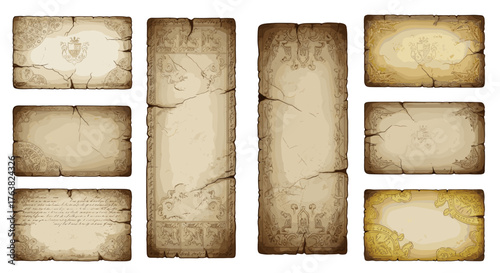 Vector  illustration of various aged parchment paper sheets and vertical scrolls with ornate borders