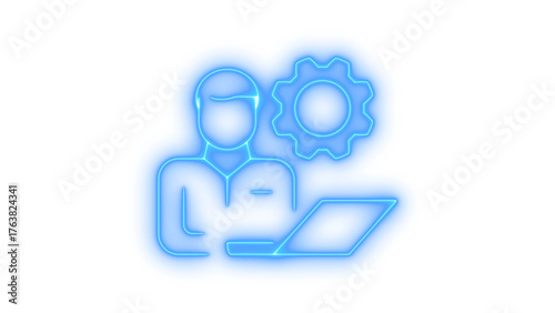 Glowing neon user working on laptop with settings icon isolated on transparent background. User profile. Configuration. System management. Customer support. Administrator.
