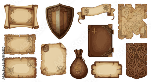 Vector  collection of medieval themed items including scrolls, shield, book, and other elements
