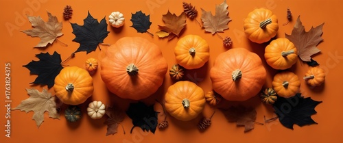 Halloween Flat Lay with Pumpkins, and Autumn Leaves on Orange Background.