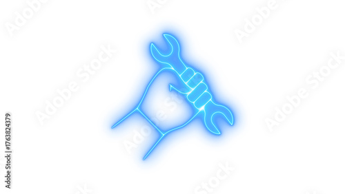 Glowing neon hand holding wrench tool icon isolated on transparent background. Technical service. System settings. Equipment maintenance. Repair assistance. Mechanic tool. Engineering.