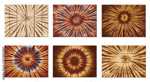 Vector  assorted wooden planks displaying tie dye patterns in a grid arrangement with diverse colors