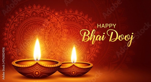 Beautiful Bhai Dooj Greeting Illustration Featuring Glowing Diyas and Intricate Mandala Art Radiant Warm Colors Representing Love Between Siblings Perfect for Festive Posters Cards and Digital Designs
