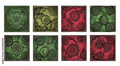 Vector  collection of eight rectangular illustrations featuring fossil and skull designs on stone slabs