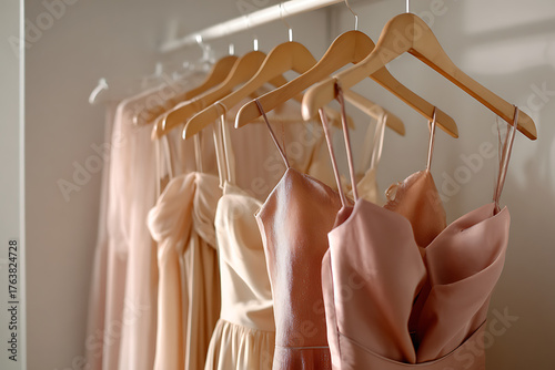 Elegant bridesmaid dresses hanging on wooden hangers, perfect for a wedding or special occasion, offering sophisticated style