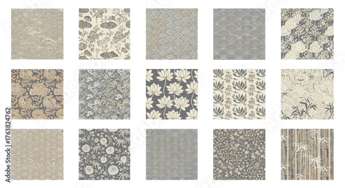 Vector  collection of fifteen rectangular designs featuring floral and geometric patterns arranged neatly